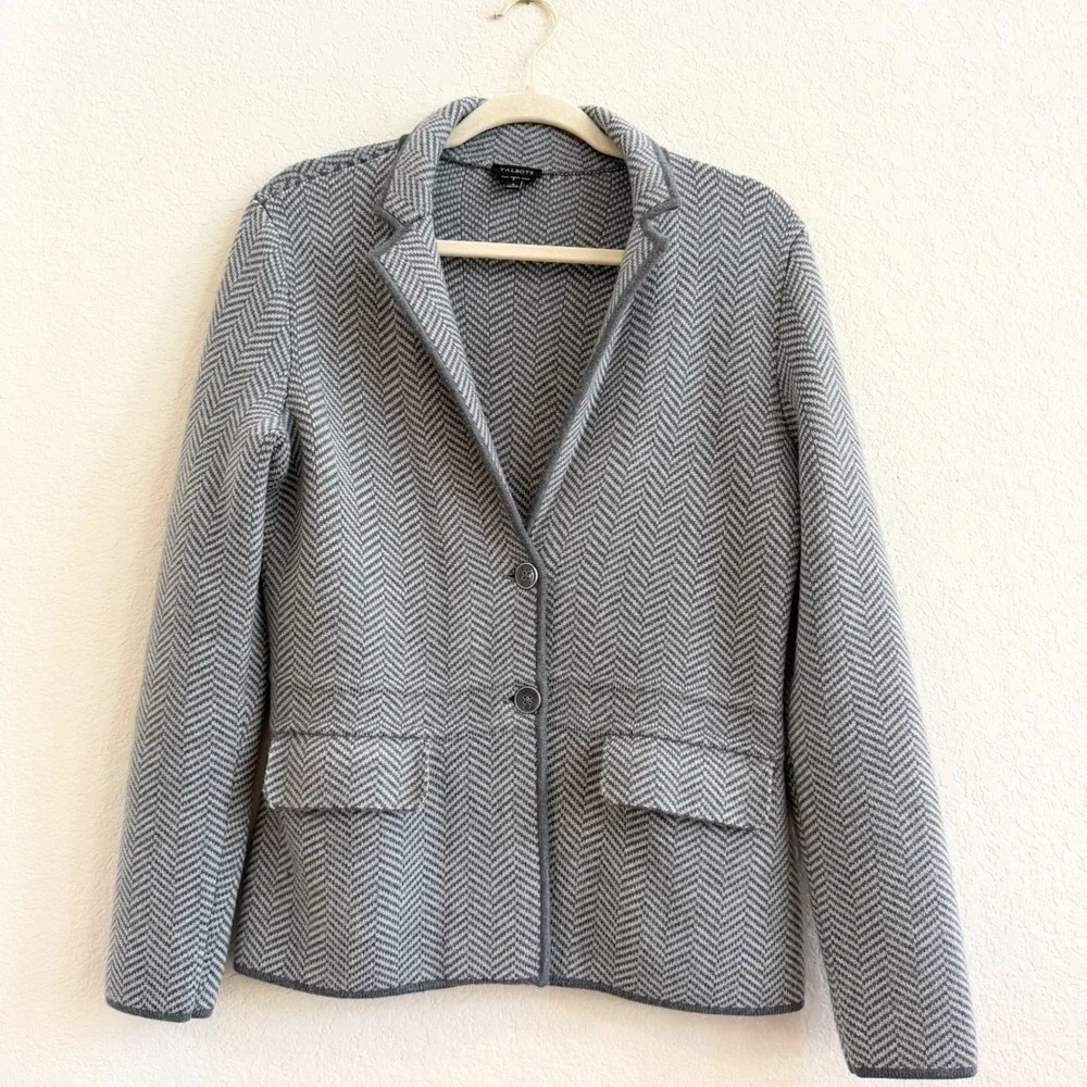 Talbots‎ Gray Herringbone Pure Merino Wool Sweater Blazer Jacket Womens Small S